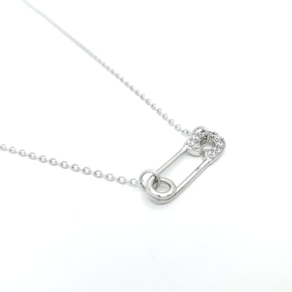 Sterling Silver Safety Pin Necklace with CZ